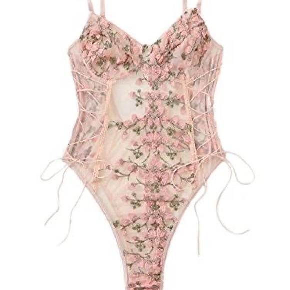 Balletcore French Cut Blush Lace Up Floral 3D Appliqué Mesh Lace Bodysuit Teddy - Picture 13 of 15